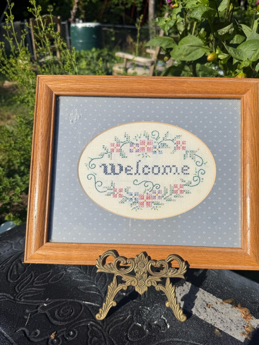 Cottagecore “welcome” cross stitch